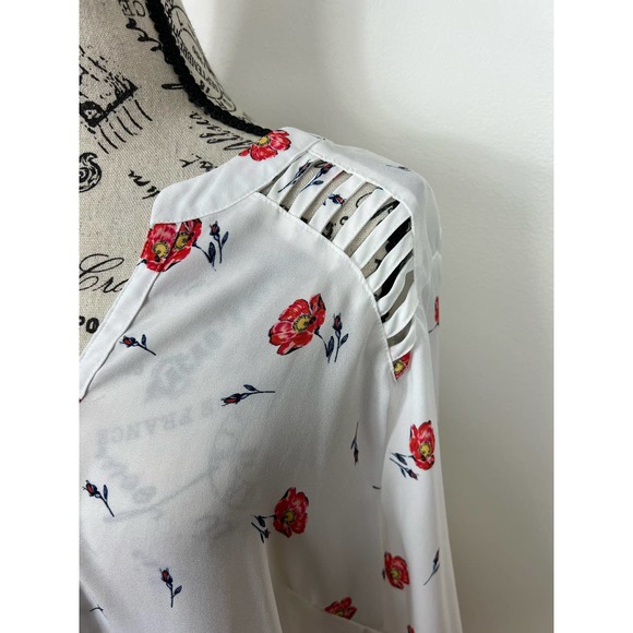 Maurices Semi Sheer white and red floral long sleeve V-neck Blouse - Picture 6 of 12